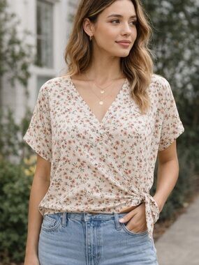 West K Floral Tie Hem Blouse Boho Cottagecore V Neck Top M